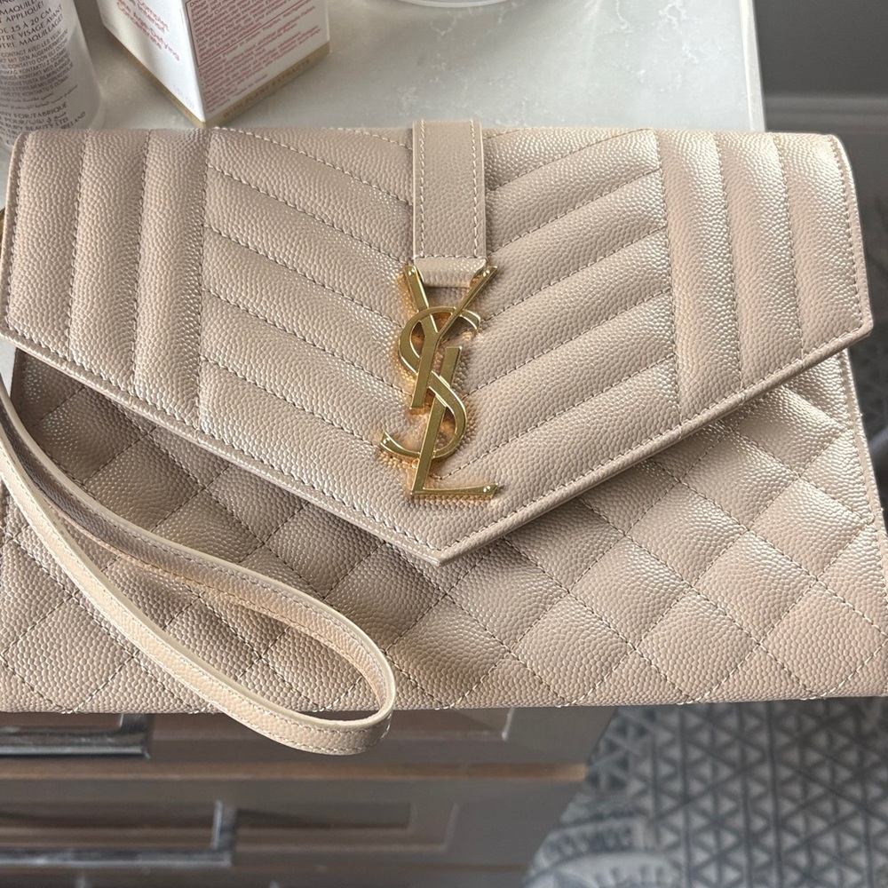Yves Saint Laurent Taupe Quilted Leather Wristlet